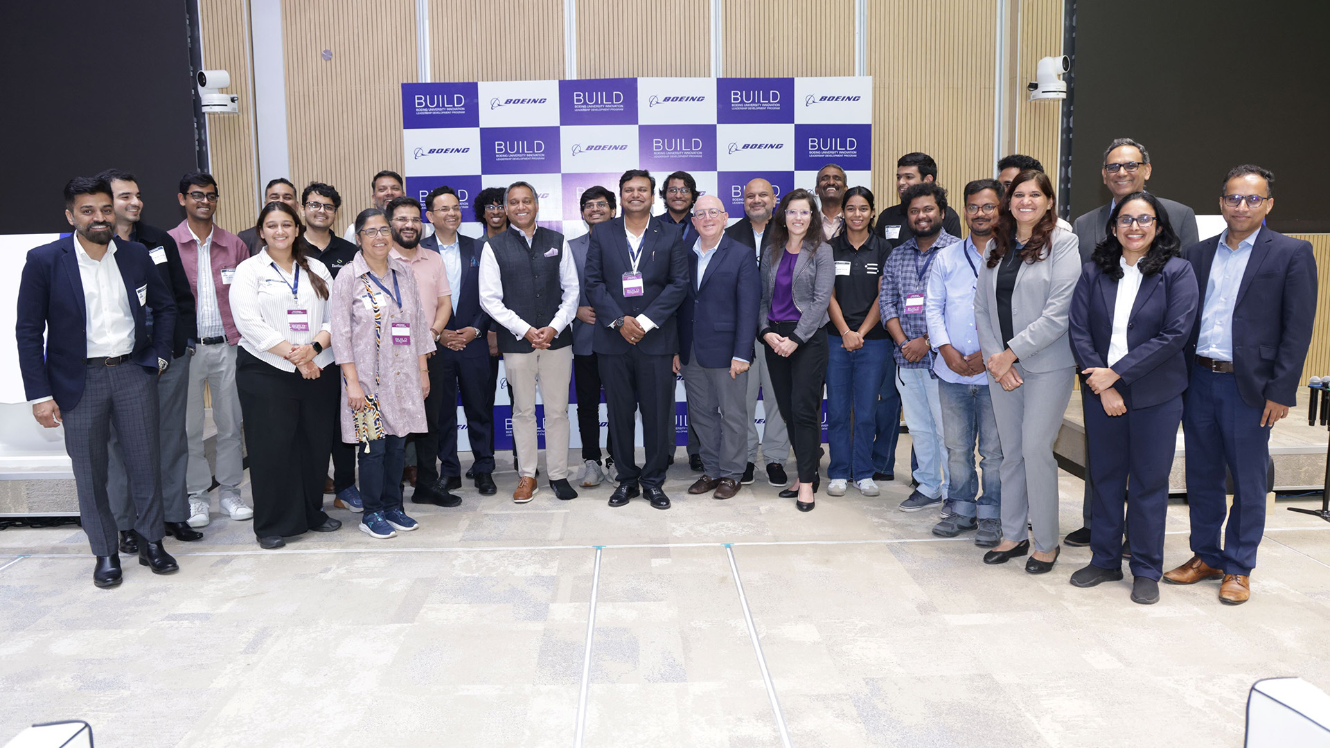 Seven winning teams from the Boeing University Innovation Leadership Development Program 2026 with Boeing leaders and incubator partners.